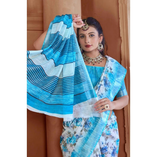 Generic Women's Printed Cotton Linen Saree withPrinted Saree With Unstitched Blouse (Blue, 5-6Mtrs)