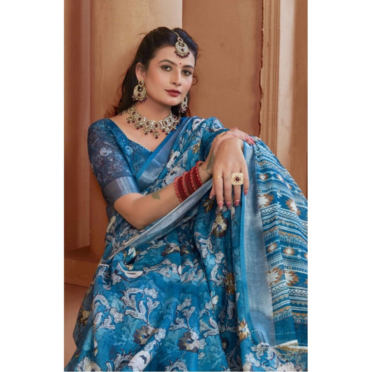 Generic Women's Printed Cotton Linen Saree withPrinted Saree With Unstitched Blouse (Blue, 5-6Mtrs)