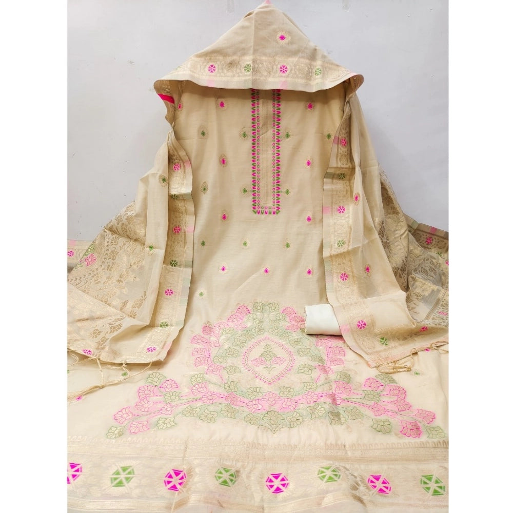 Generic Women's Banarasi Silk Printed Unstitched Salwar Suit Material With Dupatta (Cream, 3Mtrs)