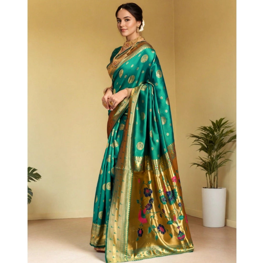 Generic Women's Silk Blend Paithani Saree With Unstitched Blouse 5.5Mtr (Green)