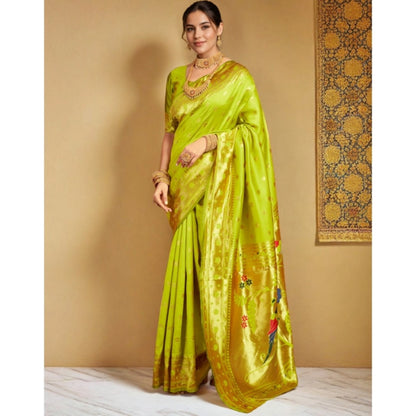 Generic Women's Silk Blend Woven Saree With Unstitched Blouse 5.5Mtr (Lime-Green)