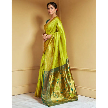 Generic Women's Silk Blend Zari Weaving Saree With Unstitched Blouse 5.5Mtr (Lime-Green)