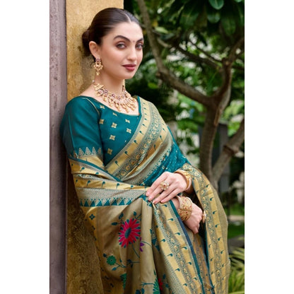 Generic Women's Silk Blend Paithani Weaving Saree With Unstitched Blouse 5.5Mtr (Teal)