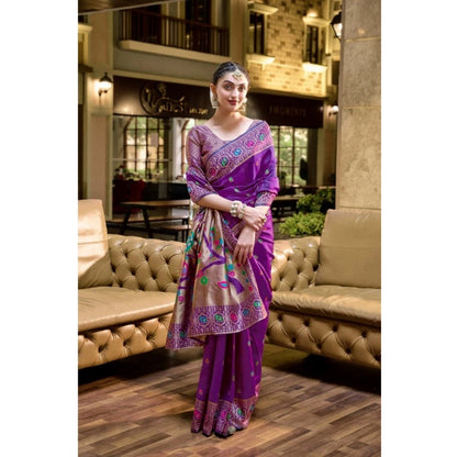 Generic Women's Silk Blend Paithani Weaving Saree With Unstitched Blouse 5.5Mtr (Purple)