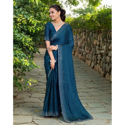Generic Women's Rangoli Diamond Weaving - Stone Work Saree With Unstitched Blouse 5.5Mtr (Teal)