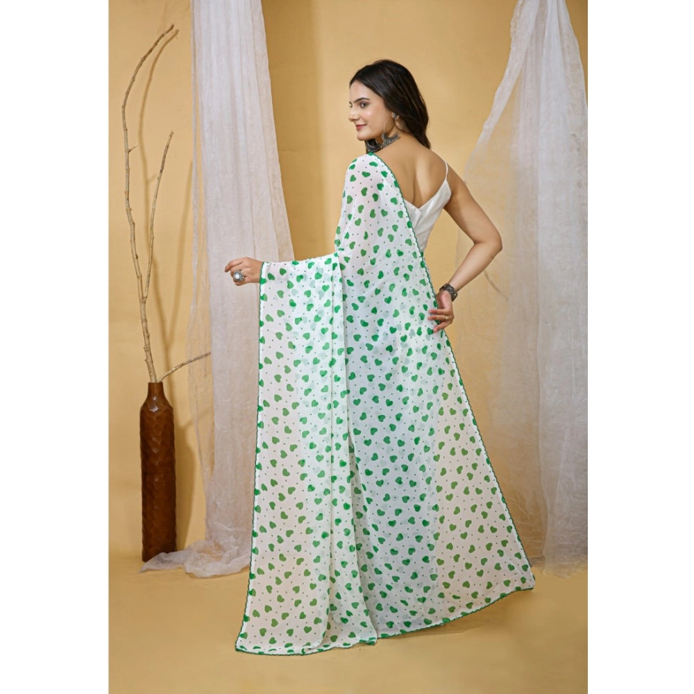 Generic Women's Georgette Printed Saree With Unstitched Blouse 5.5Mtr (White-Green)
