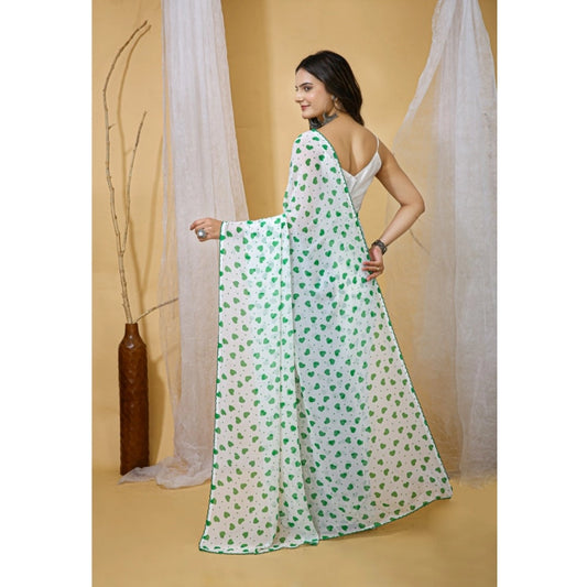 Generic Women's Georgette Printed Saree With Unstitched Blouse 5.5Mtr (White-Green)