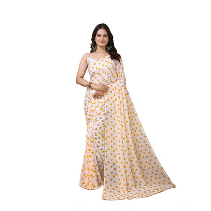 Generic Women's Georgette Printed Saree With Unstitched Blouse 5.5Mtr (White-Yellow)