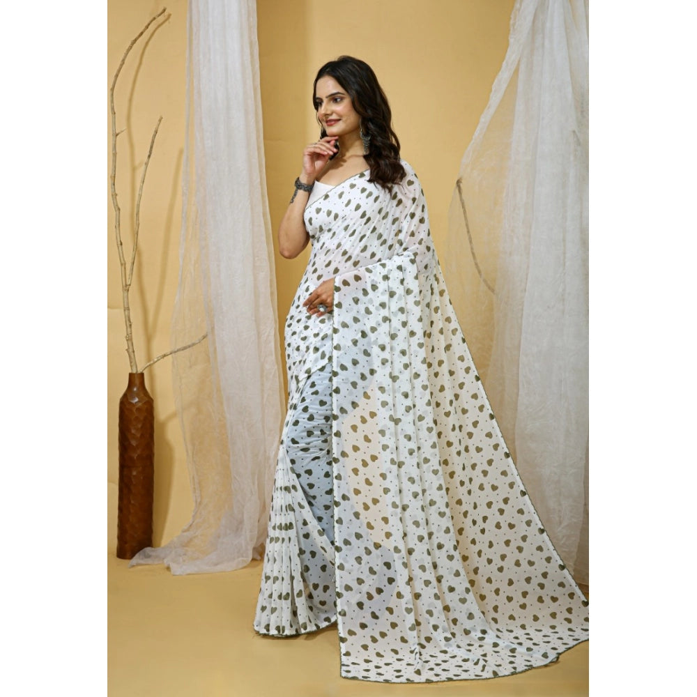 Generic Women's Georgette Printed Saree With Unstitched Blouse 5.5Mtr (White-Grey)