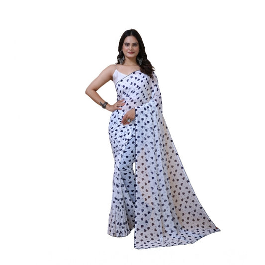 Generic Women's Georgette Printed Saree With Unstitched Blouse 5.5Mtr (White-Blue)