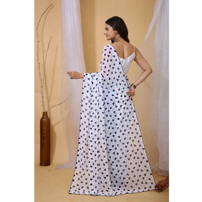 Generic Women's Georgette Printed Saree With Unstitched Blouse 5.5Mtr (White-Blue)