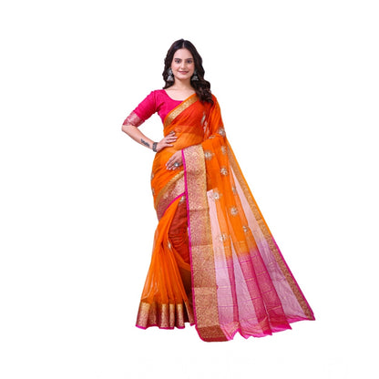 Generic Women's Organza jacquard Embellished Saree With Unstitched Blouse 5.5Mtr (Orange)