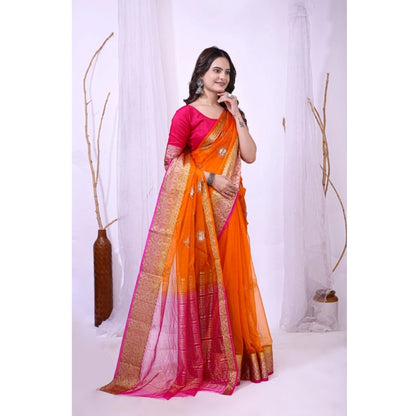 Generic Women's Organza jacquard Embellished Saree With Unstitched Blouse 5.5Mtr (Orange)