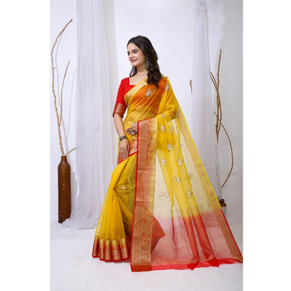 Generic Women's Organza jacquard Embellished Saree With Unstitched Blouse 5.5Mtr (Yellow)