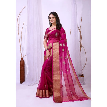 Generic Women's Organza jacquard Embellished Saree With Unstitched Blouse 5.5Mtr (Pink)