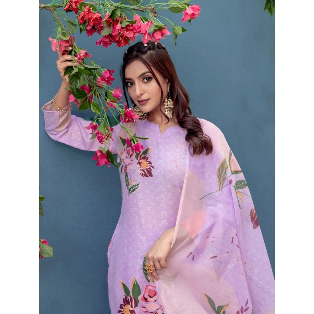 Generic Women's Cotton Blend Printed Kurti With Pant Dupatta Set (Lavender)
