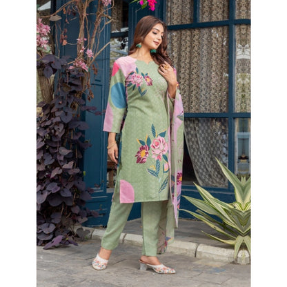 Generic Women's Cotton Blend Printed Kurti With Pant Dupatta Set (Mehendi)