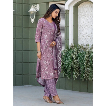 Generic Women's Cotton Blend Printed Kurti With Pant Dupatta Set (Lavender)