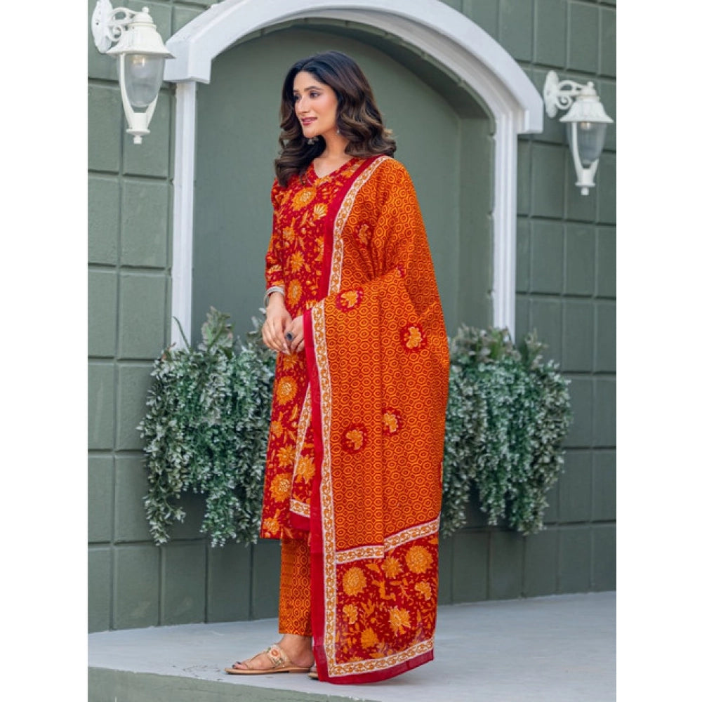 Generic Women's Cotton Blend Printed Kurti With Pant Dupatta Set (Maroon)