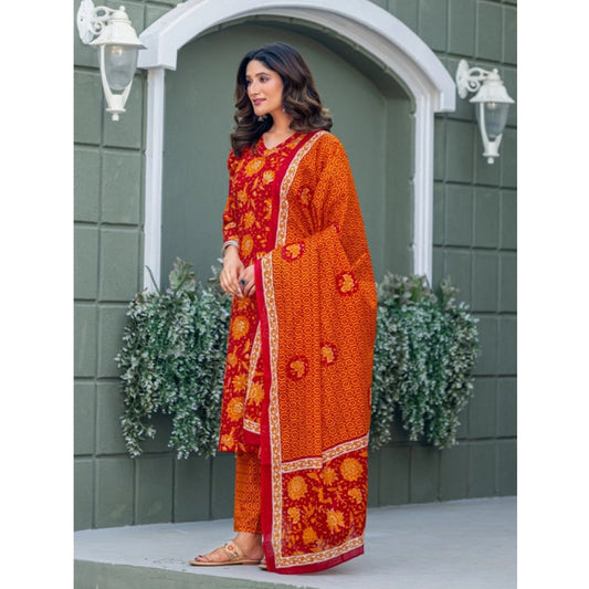 Generic Women's Cotton Blend Printed Kurti With Pant Dupatta Set (Maroon)