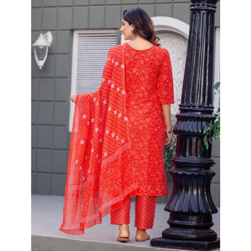 Generic Women's Cotton Blend Printed Kurti With Pant Dupatta Set (Orange)