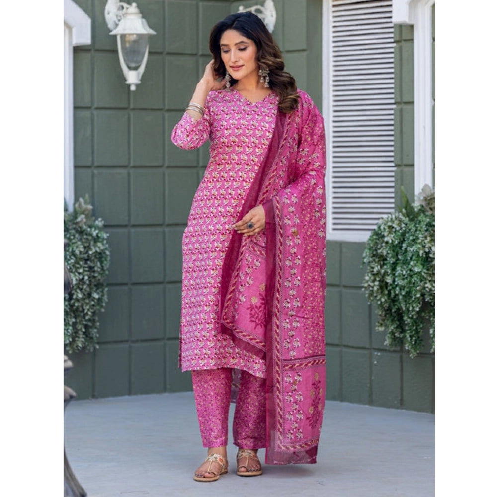 Generic Women's Cotton Blend Printed Kurti With Pant Dupatta Set (Pink)