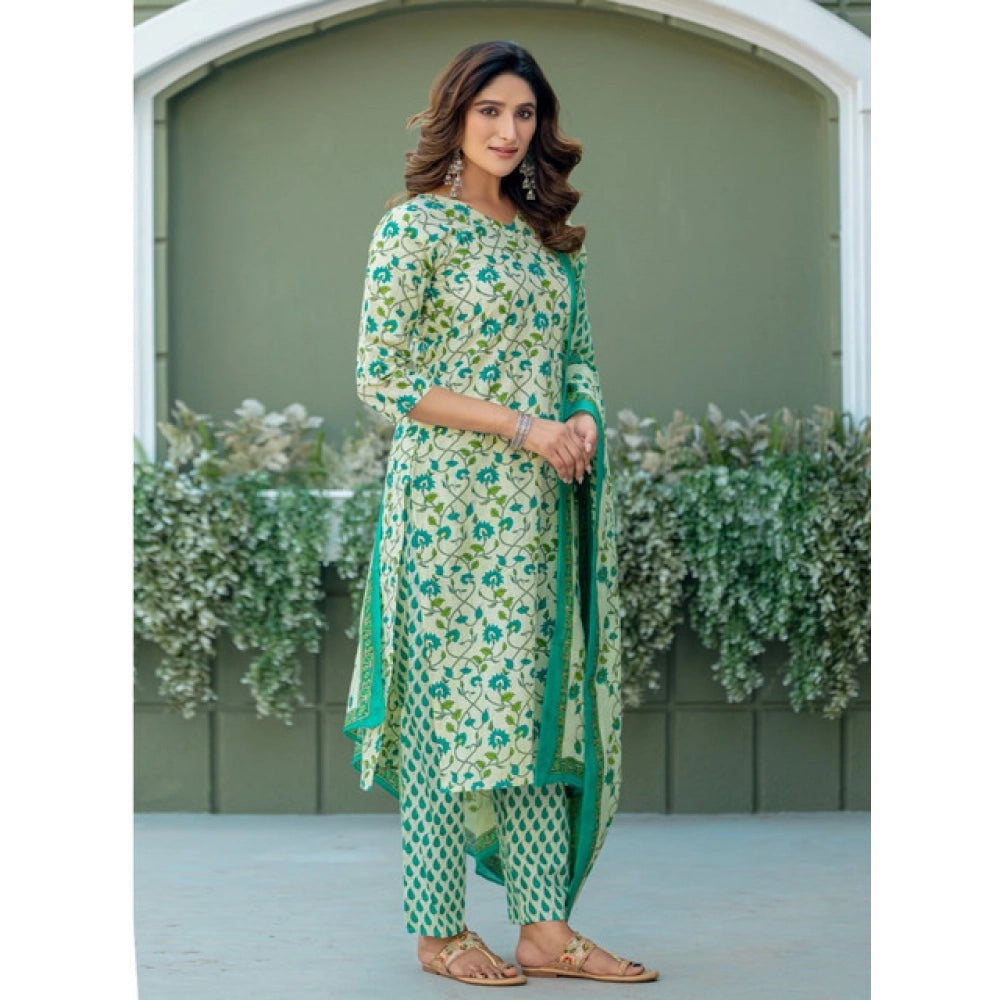 Generic Women's Cotton Blend Printed Kurti With Pant Dupatta Set (Pista)