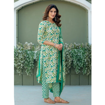 Generic Women's Cotton Blend Printed Kurti With Pant Dupatta Set (Pista)