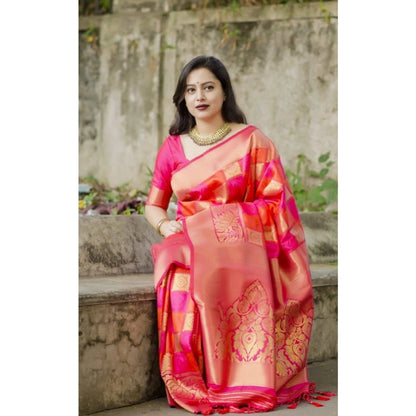 Generic Women's Soft Litchi Silk Jacquard Work Saree With Unstitched Blouse 5.5Mtr (Red)