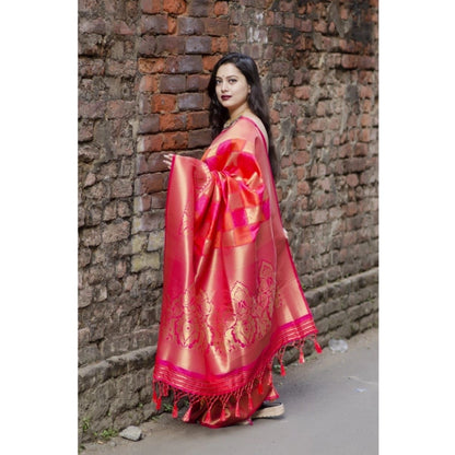 Generic Women's Soft Litchi Silk Jacquard Work Saree With Unstitched Blouse 5.5Mtr (Red)