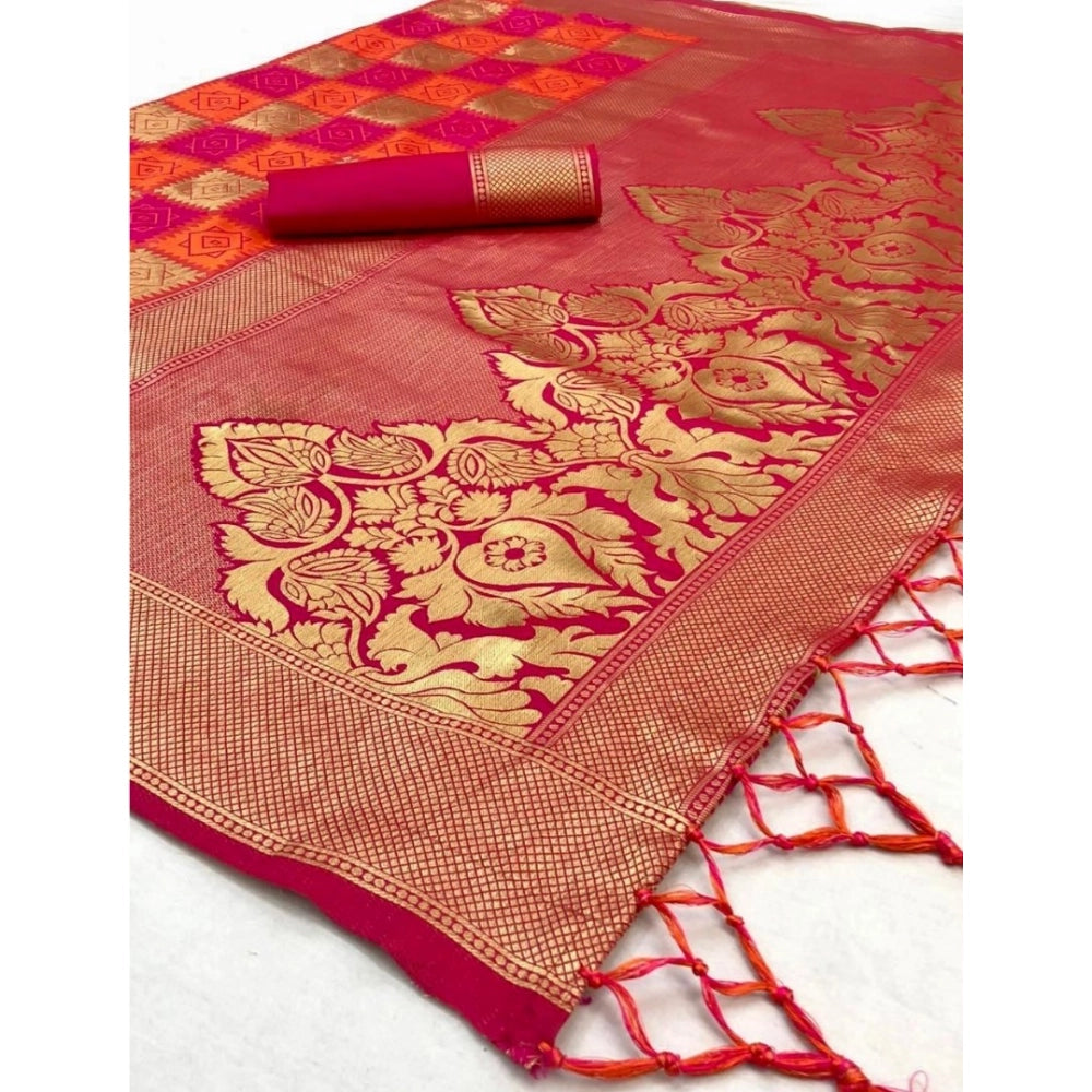 Generic Women's Soft Litchi Silk Jacquard Work Saree With Unstitched Blouse 5.5Mtr (Red)