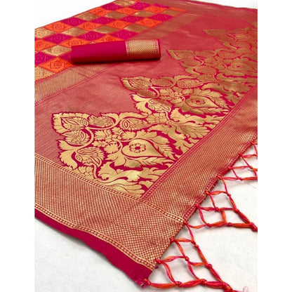 Generic Women's Soft Litchi Silk Jacquard Work Saree With Unstitched Blouse 5.5Mtr (Red)