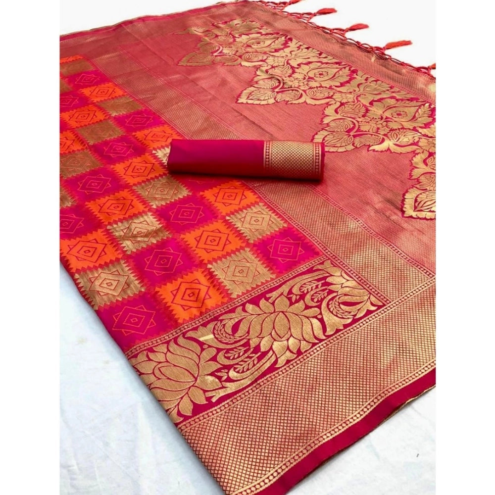 Generic Women's Soft Litchi Silk Jacquard Work Saree With Unstitched Blouse 5.5Mtr (Red)