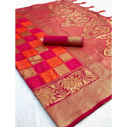 Generic Women's Soft Litchi Silk Jacquard Work Saree With Unstitched Blouse 5.5Mtr (Red)