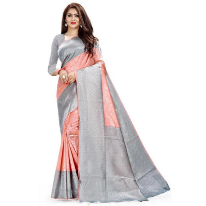 Generic Women's Soft Litchi Silk Jacquard Work Saree With Unstitched Blouse 5.5Mtr (Orange)