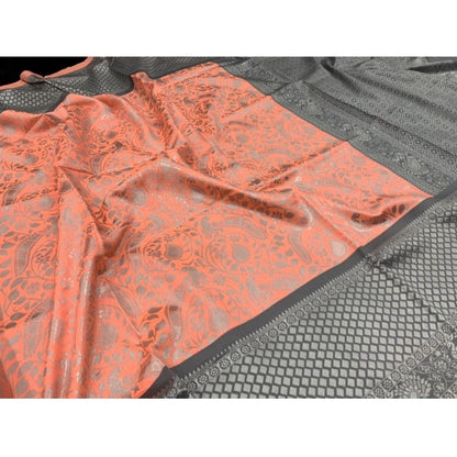 Generic Women's Soft Litchi Silk Jacquard Work Saree With Unstitched Blouse 5.5Mtr (Orange)