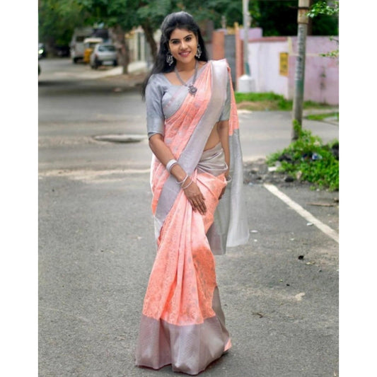 Generic Women's Soft Litchi Silk Jacquard Work Saree With Unstitched Blouse 5.5Mtr (Orange)