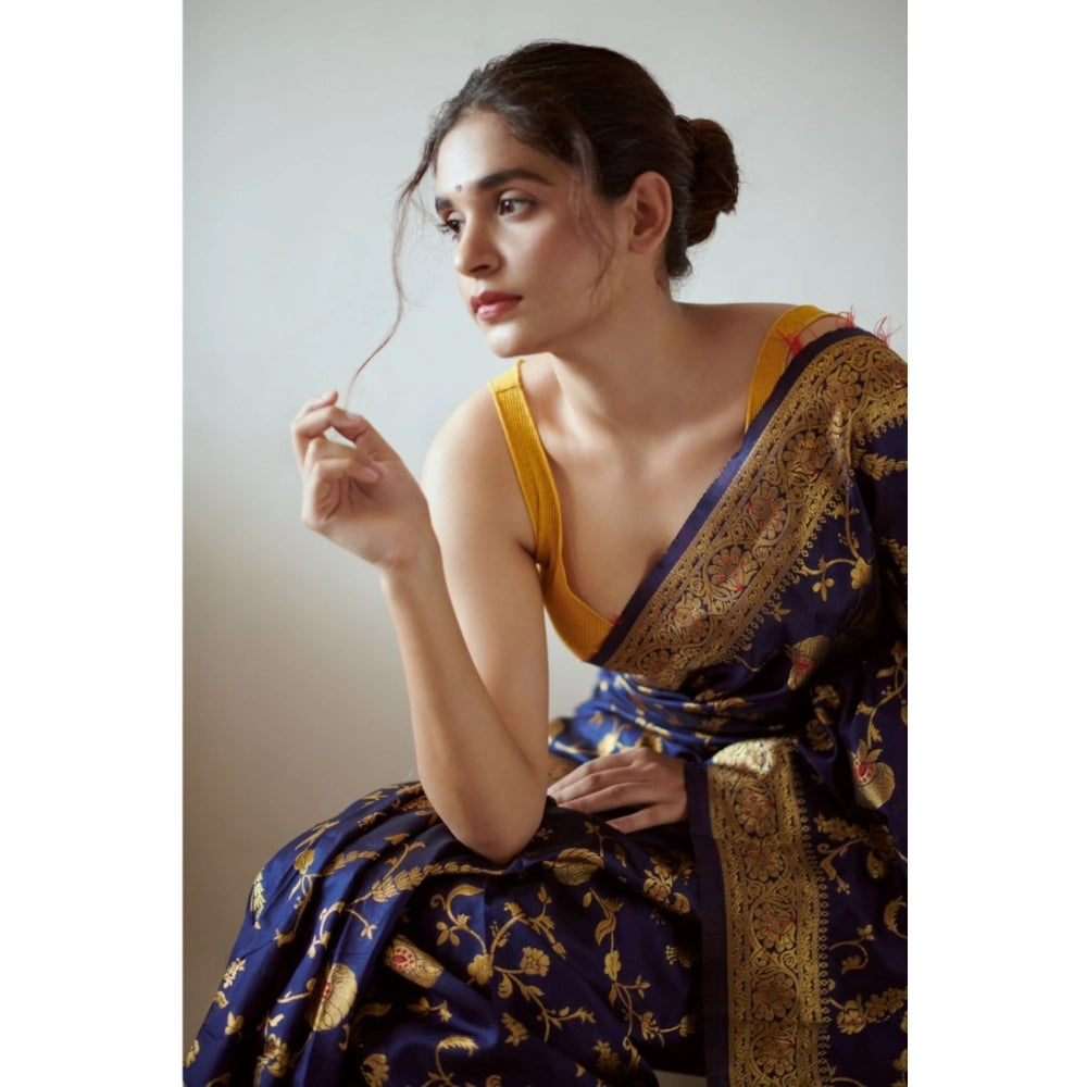 Generic Women's Soft Litchi Silk Jacquard Work Saree With Unstitched Blouse 5.5Mtr (Blue)