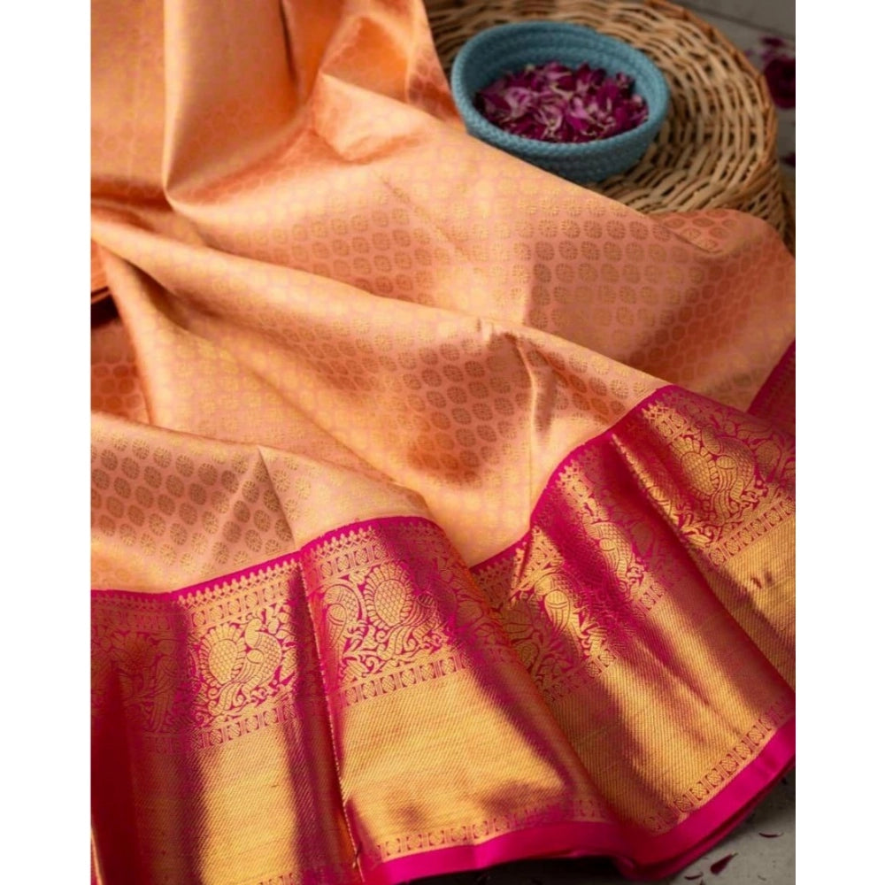 Generic Women's Soft Litchi Silk Jacquard Work Saree With Unstitched Blouse 5.5Mtr (Pink)