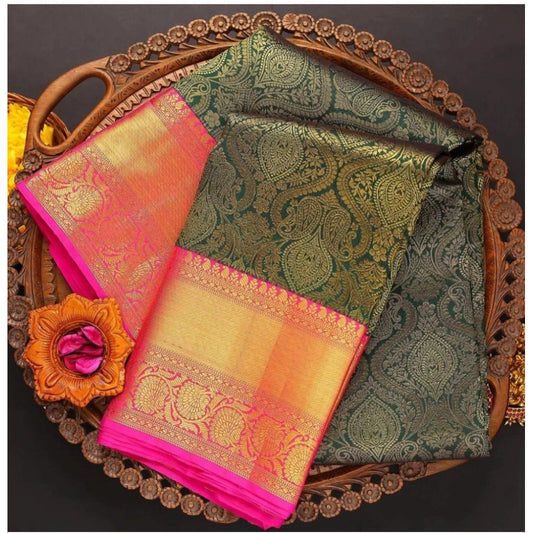 Generic Women's  Soft Litchi Silk Jacquard Work Saree With Unstitched Blouse 5.5Mtr (Green)