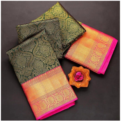 Generic Women's  Soft Litchi Silk Jacquard Work Saree With Unstitched Blouse 5.5Mtr (Green)