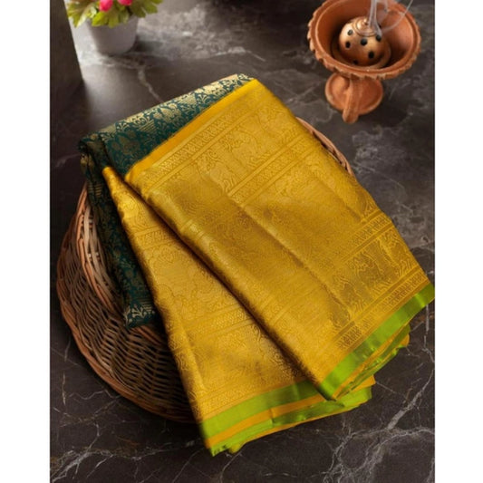 Generic Women's Soft Litchi Silk Jacquard Work Saree With Unstitched Blouse 5.5Mtr ( Mustard Yellow)