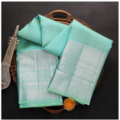 Generic Women's Soft Litchi Silk Jacquard Work Saree With Unstitched Blouse 5.5Mtr (Blue)