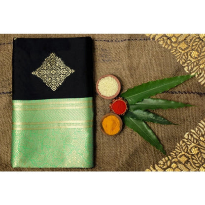 Generic Women's Soft Litchi Silk Jacquard Work Saree With Unstitched Blouse 5.5Mtr (Black)