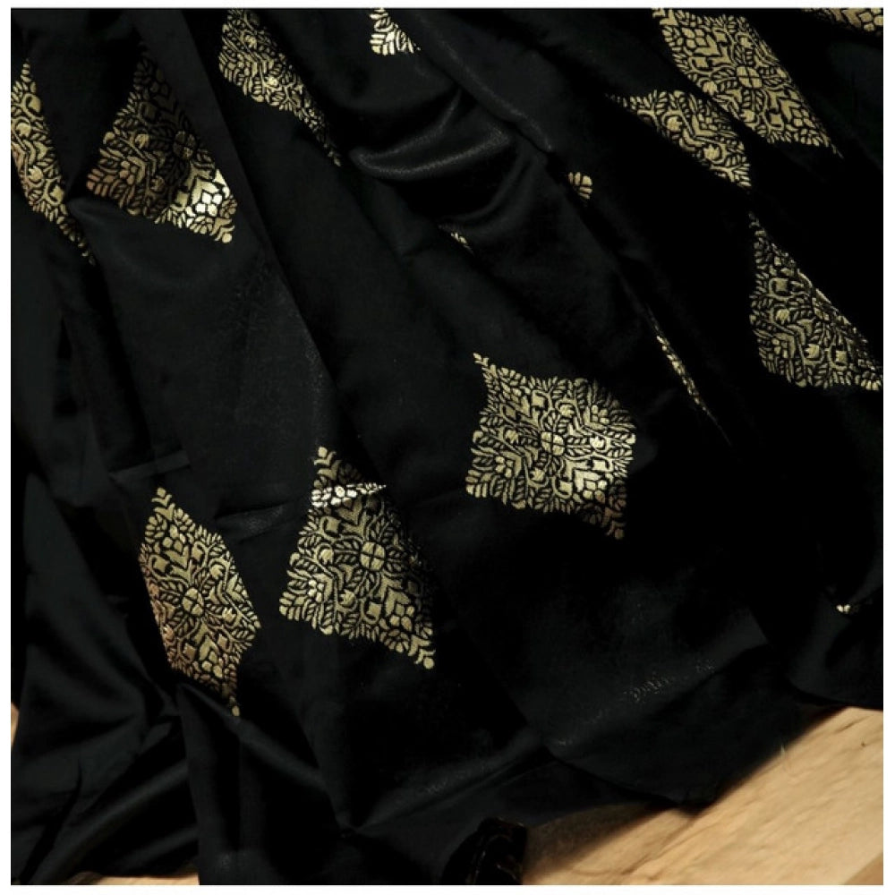 Generic Women's Soft Litchi Silk Jacquard Work Saree With Unstitched Blouse 5.5Mtr (Black)