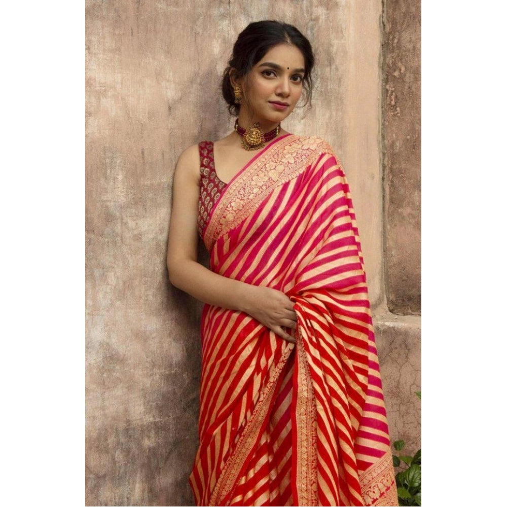 Generic Women's Soft Litchi Silk Jacquard Work Saree With Unstitched Blouse 5.5Mtr (Red)