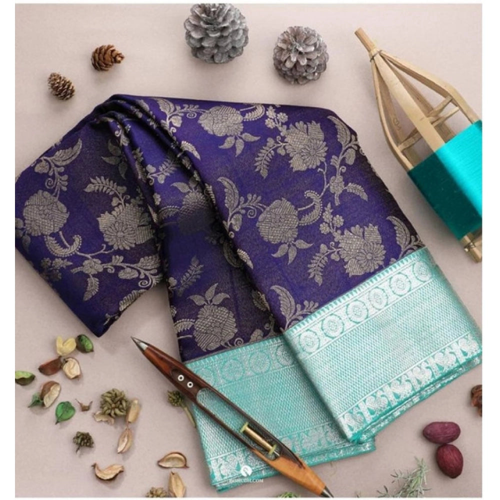 Generic Women's Soft Litchi Silk Jacquard Work Saree With Unstitched Blouse 5.5Mtr (Blue)