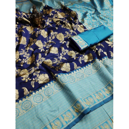 Generic Women's Soft Litchi Silk Jacquard Work Saree With Unstitched Blouse 5.5Mtr (Blue)