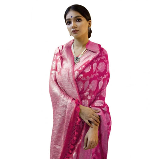 Generic Women's Soft Litchi Silk Jacquard Work Saree With Unstitched Blouse 5.5Mtr (Pink)