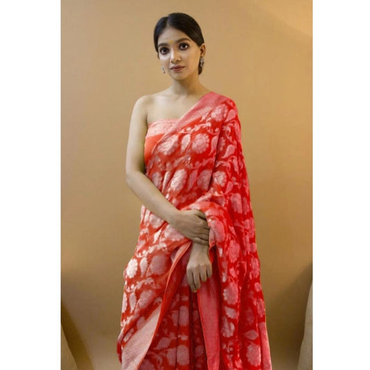 Generic Women's Soft Litchi Silk Jacquard Work Saree With Unstitched Blouse 5.5Mtr (Red)